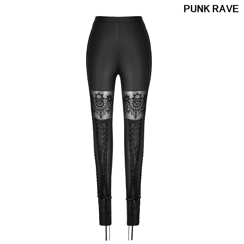 Gothic Skull Embroidered Sexy Leggings Waist Rubber Band Legs Tied Rope Elastic PU Leather Knitted pants PUNK RAVE WK-293DDF | Женская