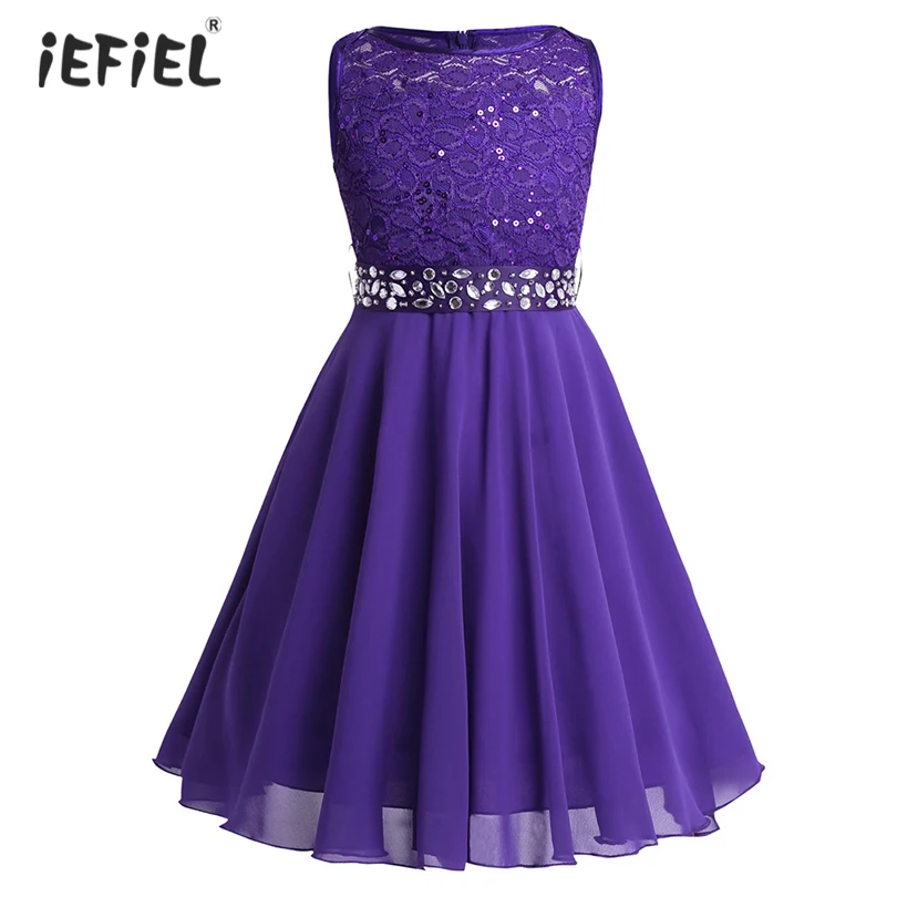 

Beautiful Sleeveless Kids Flower Girls Dress With Sash For Party Sequined Lace Chiffon A-Line Dresses Princess Pageant Gowns