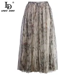 LD LINDA DELLA новые 2019 летние модные дизайнерские юбка Для женщин Mesh Overlay Floral Printed Pleated элегантный Винтаж дамы юбка