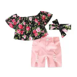 От 1 до 5 лет Одежда для маленьких девочек хлопок короткий рукав цветочный блузка Топы корректирующие Джинсы для женщин Джинсовые