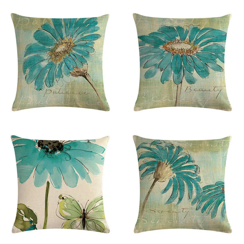 Digital Printing Blue Carnation Flower Series Living Room Sofa Pillowcase Linen Back Cushion Cover | Дом и сад