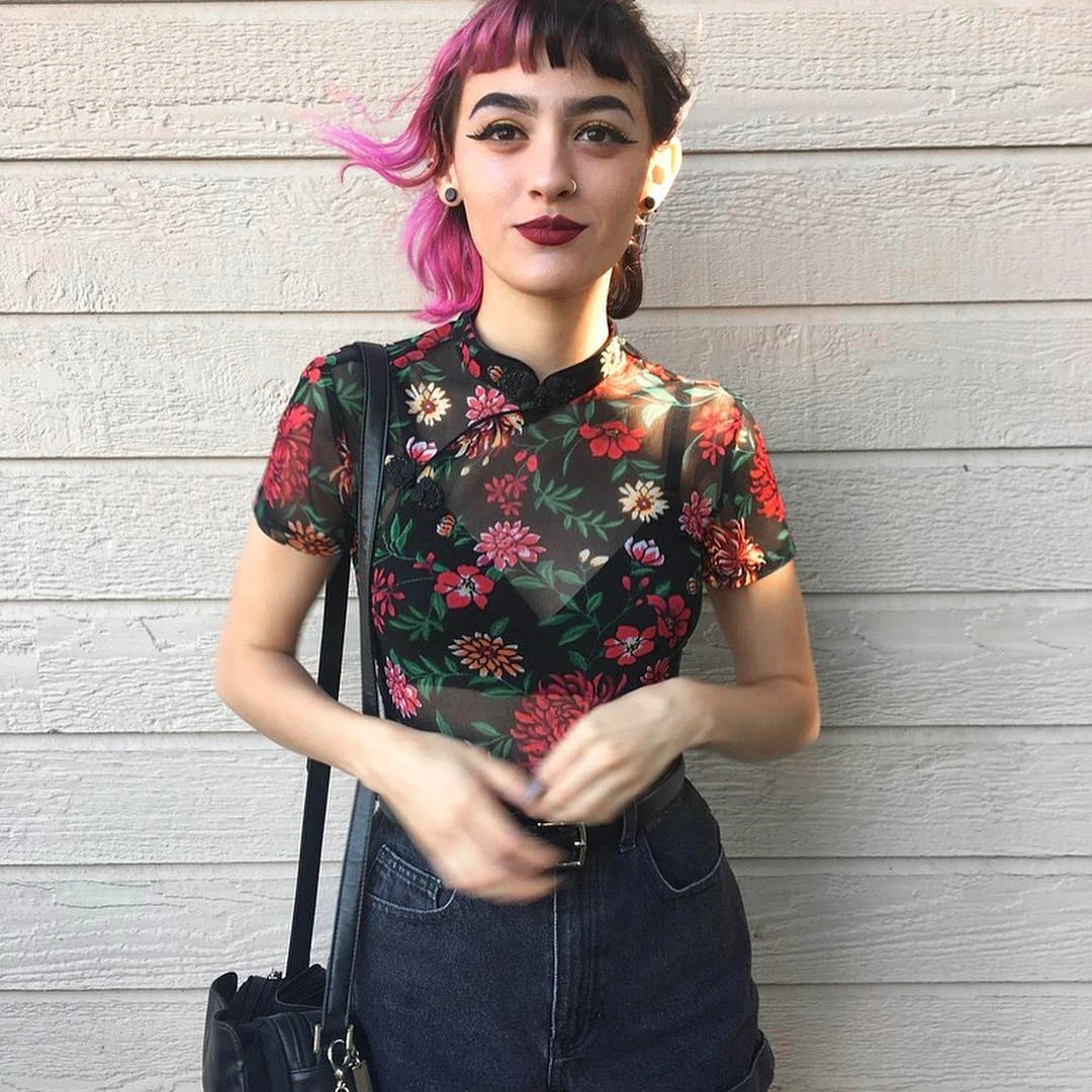

Women Summer Floral Mesh Sheer Short Top T Shirt Chinese Cheongsam Style Transparent Short Sleeve Cropped Tops TShirt