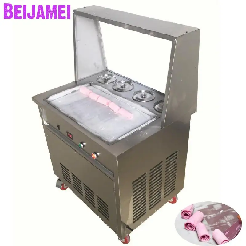 

BEIJAMEI Commercial Thailand fried ice cream maker big square pan yogurt ice rolls making machine with four barrel