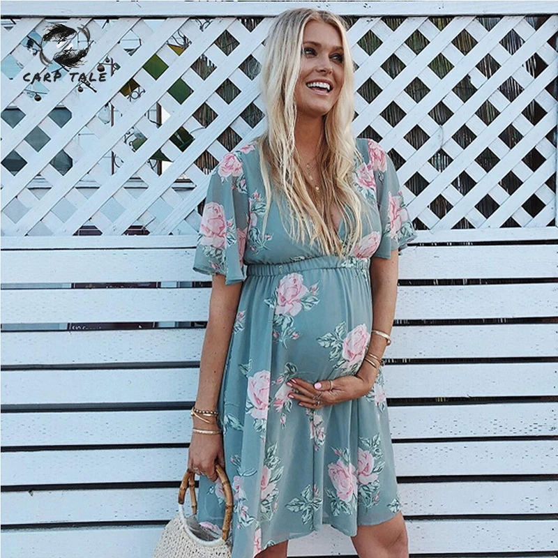 

2019 Spring Summer Dress Women Casual V Neck Elastic Waist Slim Flower Printed Dress Beoho Beach Fashion Chiffon Dresses White