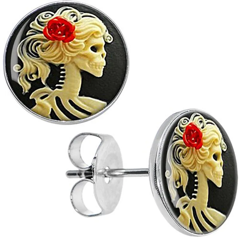 Wholesale Stud Earrings Red Rose Skeleton Cameo Stainless Steel Ear Studs Cheater Fashion Jewelry 8mm 10mm AW5012 | Украшения и