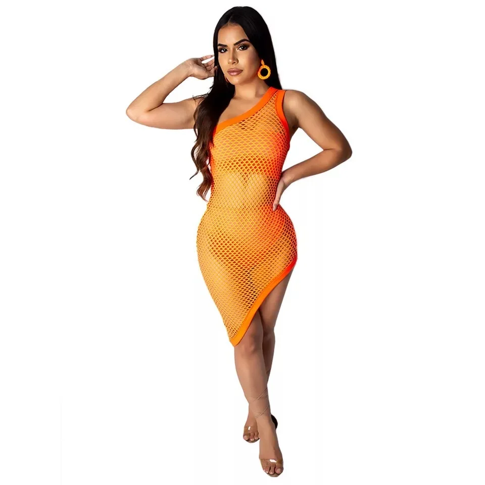 

Women Clothes Neon Green Fishnet Hollow 3 Three Pieces Sets One Shoulder Irregular Dress+Crop Top+Shorts Sexy Beach Club Outfits