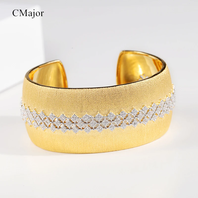 CMajor S925 Серебряные Ювелирные изделия Винтаж Дворцовый стиль полые Роскошные широкие золотые цвет Открытые Браслеты для женщин