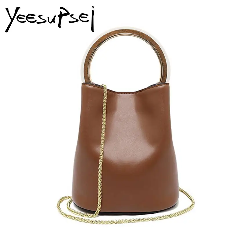 

YeeSupSei Fashion Shoulder Bag Round Ring Wooden Handle Bag Women Bucket Bag Famous Designer Personality Small Messenger Totes
