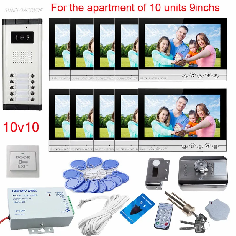 10 Apartments Video Call 9\ Color Monitors 10 Buttons Doorbell With Camera Video Doorphone With Rfid Card Electronic Door Lock
