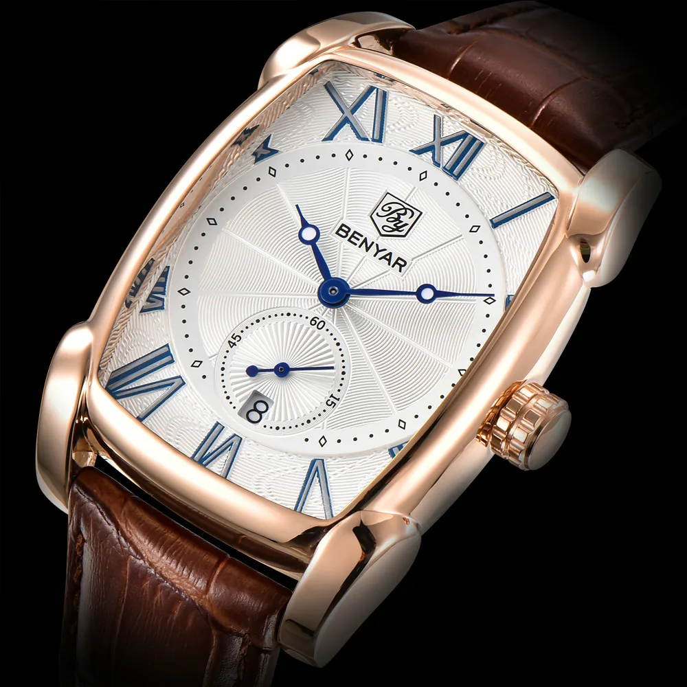 

New Unique Business Men Watch Men Waterproof Leather Rectangle Quartz Wristwatch Male Clock Relogio Masculino BENYAR Brand