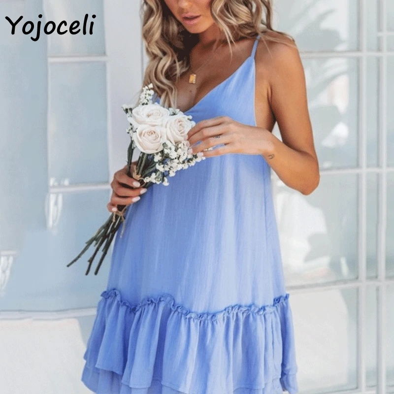 Yojoceli 2019 летнее пляжное платье в стиле бохо с рюшами синий Повседневный Сарафан