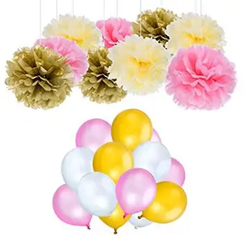 

60 Pieces 10 Inch Latex Balloons and 12 Pieces Tissue Paper Pom with 2 Different Size, 3 Colors