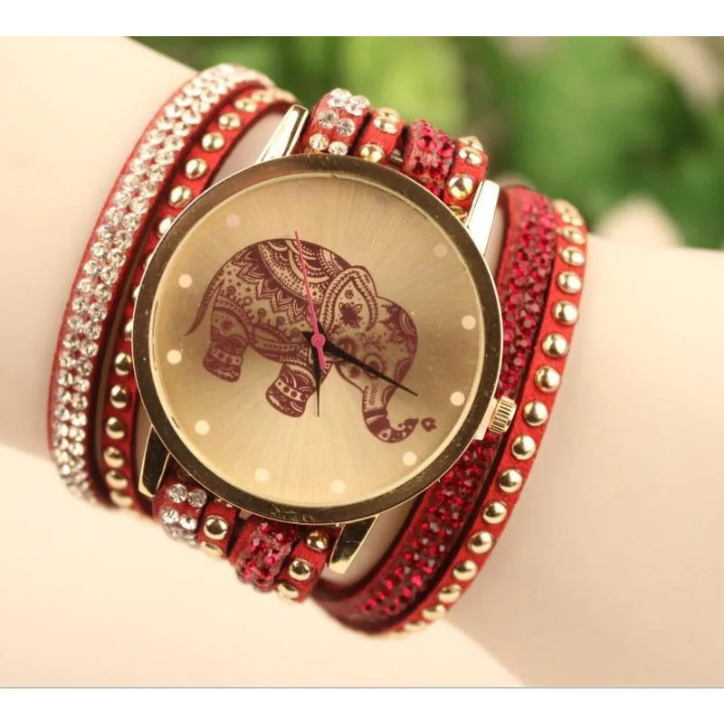 Модные часы-браслет, подарок, женские роскошные Брендовые Часы, часы со слоном, женские круглые бриллиантовые ювелирные изделия, кварцевые наручные часы - Цвет: Red