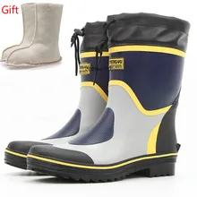 Fashion Men Rubber Rain Boots Warm Wool Mid-Calf Winter Boots Men Platform Shoes Slip on Non-slip Waterproof Rainboots