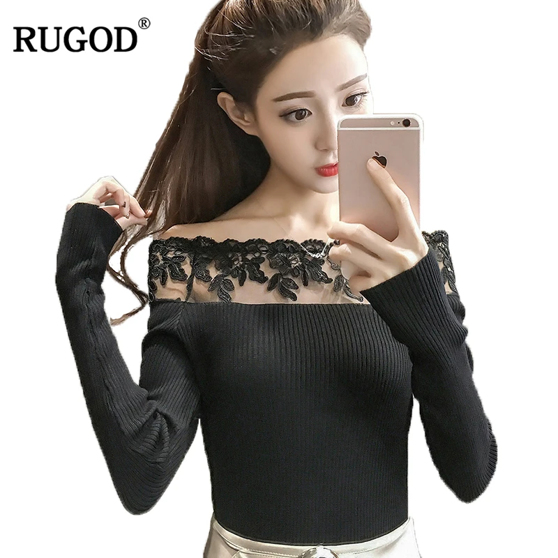 

RUGOD Fashion Sexy Women Sweaters And Pullovers Solid Lace Female Pullover Spring Winter Slash-Neck Long Sleeve Pull Femme
