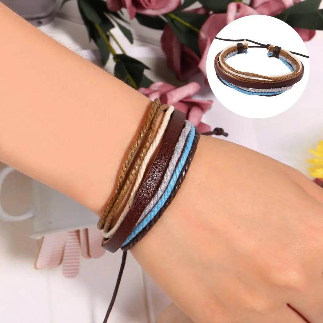 layer Adjustable Multilayer Unisex Casual Composite Cuff Wristband Braided Rope Artificial Bracelet Charm multi Wax Leather | Украшения и
