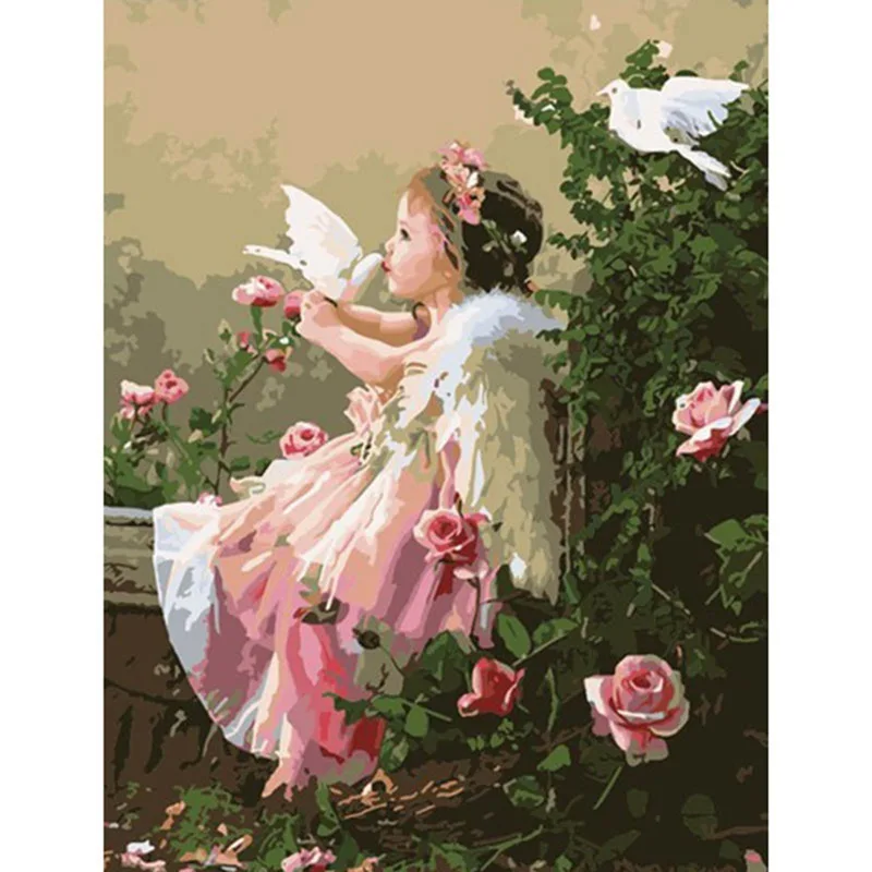 

Frameless 50x40cm Diy Painting By Numbers Angel Girl and Dove Roses Decorative Pictures Chenistory Painting By Numbers Acrylic