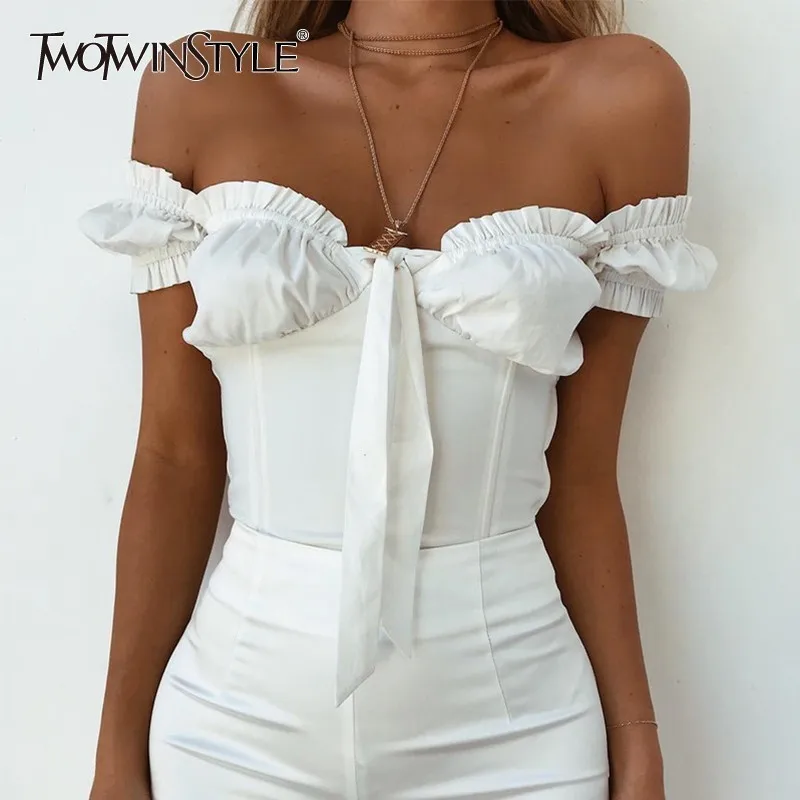 

GALCAUR Off Shoulder Sexy T Shirt For Women Slash Neck Short Sleeve Bandage Tunic Crop Tops Female Fashion Clothes 2019 Summer