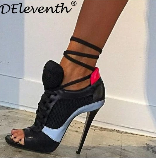 

DEleventh Spring Fashion Mesh Contrast Color Open Toe Cross-tied Stiletto High Heels Shoes Pumps Footwear Zapatos Mujer Dilys