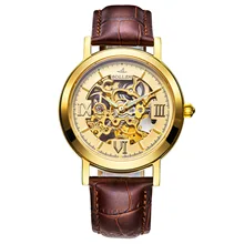 SOLLEN GOLD Automatic Mechanical Wrist Mens Watch Top Brand Luxury Automatic Clock Men Classic Leather Skeleton Reloj Hombre