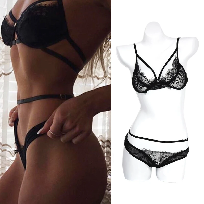 Women Lace Sexy Open Cup Bra + T-back Panty Erotic Lingerie Underwear Set