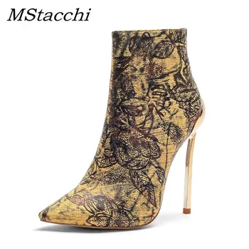 

MStacchi Spring New High Heels Women Boots Printing Bootie Retro Pointed Toe Female Party Shoes 2020 Classic High Neck Footwear