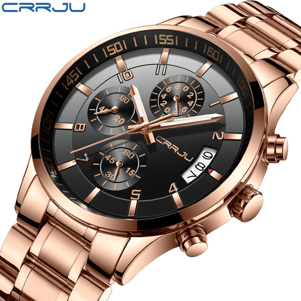 

CRRJU Brand Men Sport Watches Full Steel Date Quartz Watch Man Waterproof Clock Men's Army Military Luxury Wristwatch