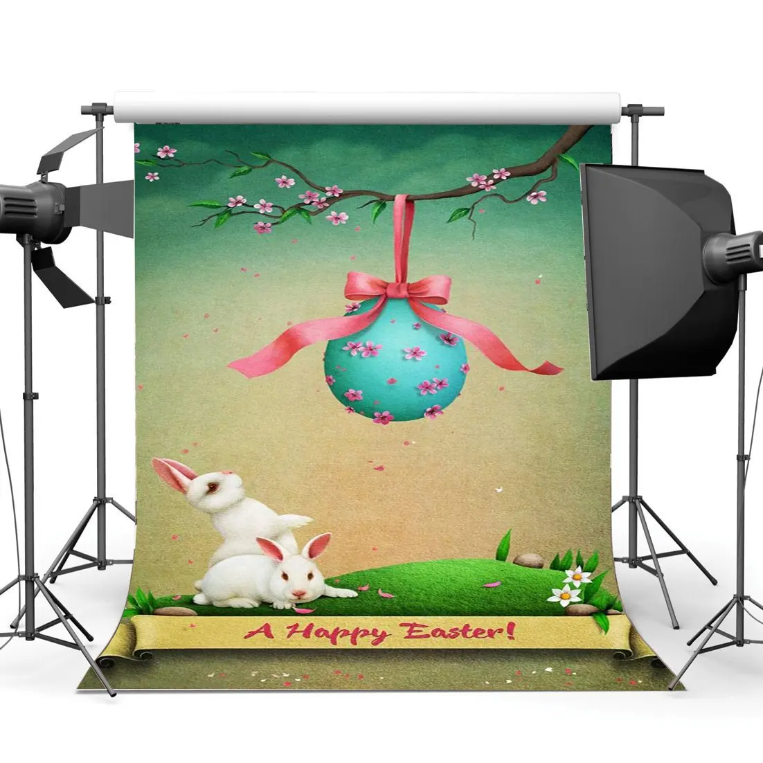 

Happy Easter Bunny Backdrop Painted Eggs Backdrops Fresh Flowers Bowknot Fairytale Spring Frohe Background