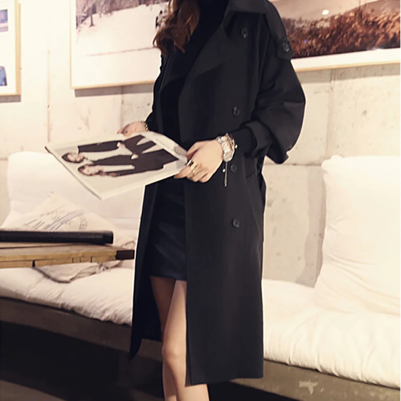 Новая весенняя черная накидка Тренч женский длинный рукав женская верхняя одежда и пальто Модная Осенняя Длинная ветровка A74