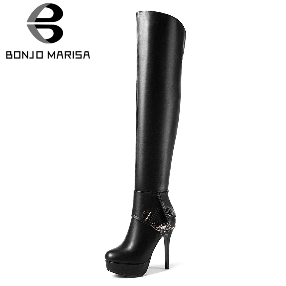 

BONJOMARISA Women Over Knee High Long Boots Sexy Thini High Heel Platform Shoes Woman Autumn Winter Metal Chains Party Shoes