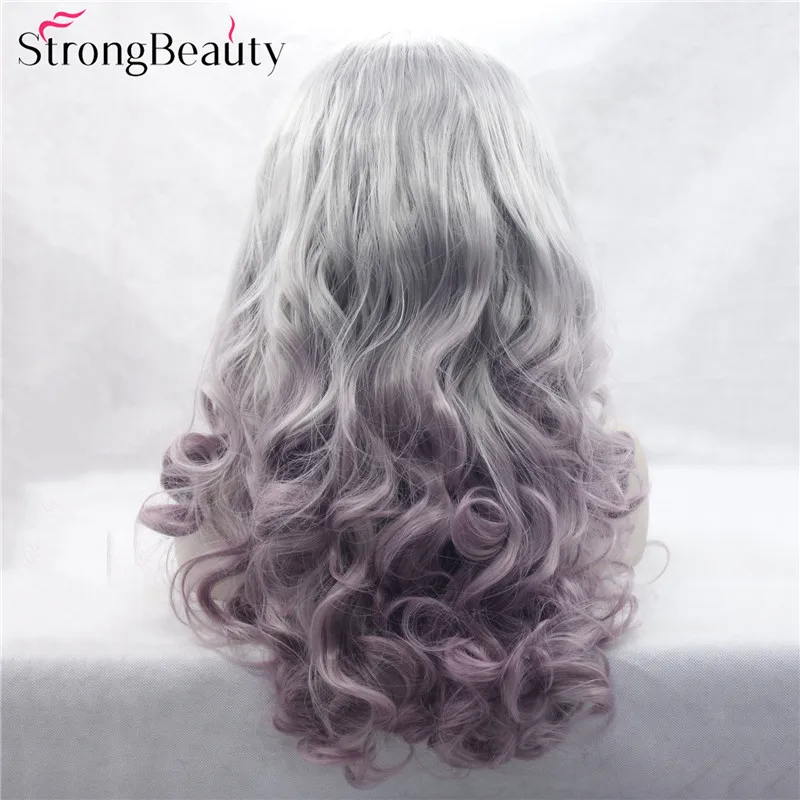 Strongbeauty длинный кудрявый серый парик Синтетический Ombre серебристый розовый/фиолетовый парик на кружеве два тона