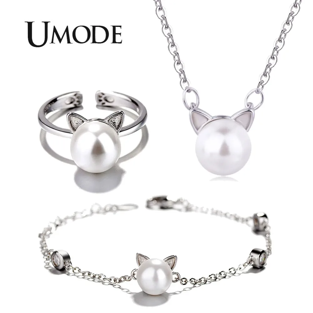 UMODE/бренд корейский милый кот уха жемчуг Регулируемый кольца цепи ожерелья, браслеты, ювелирные изделия наборы для ухода за кожей детей