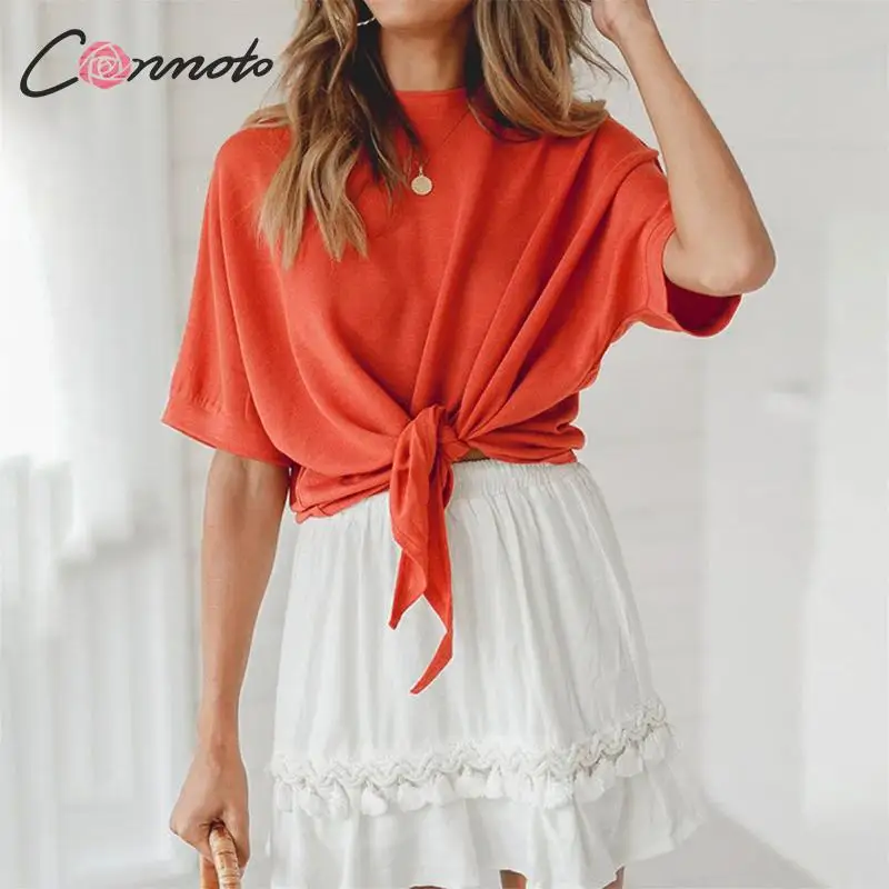 

Conmoto Casual O Neck Short Sleeve Women Crop Tops 2019 Summer Solid Color Bow Lace up T-Shirt Female Streetwear Mujer Tops