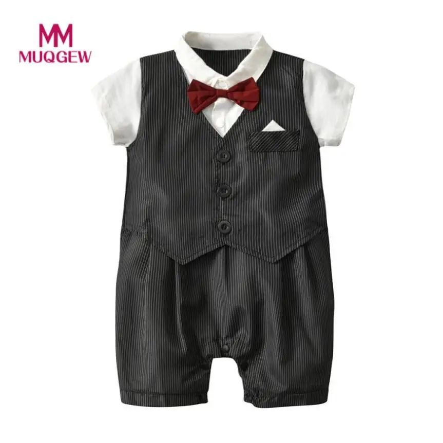 Newborn Gentleman Jumpsuit Kids Baby Boys Clothes Bowknot Short Sleeve