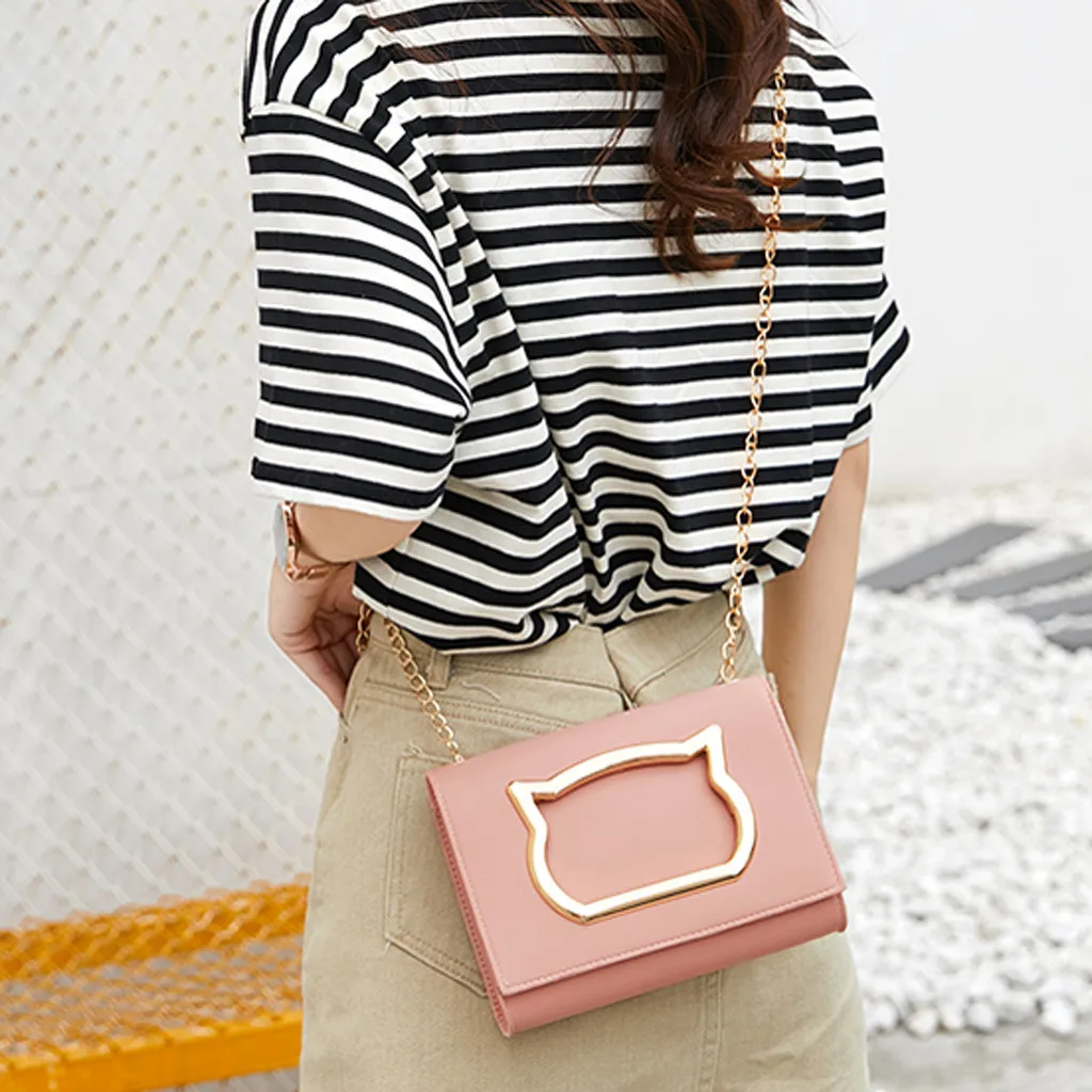 

Women's Messenger Bag 2019 Fashion Momen’s Cat Head Solid Color Chain Shoulder Messenger Bag PU Leather Handbags sac main femme
