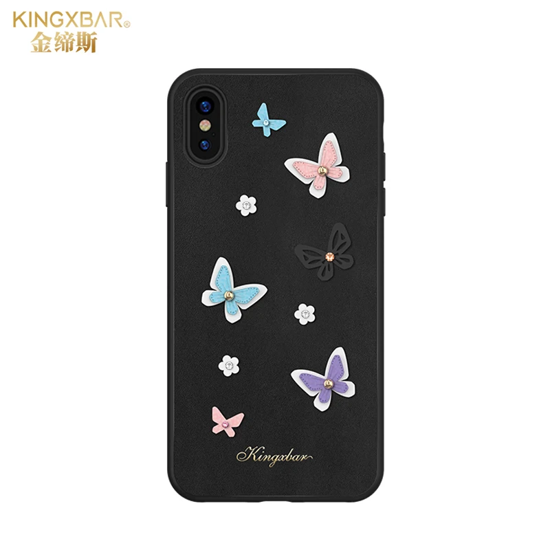 Kingxbar кожаный силиконовый чехол с 3D бабочкой для iPhone X XS MAX XR модная задняя крышка чехол с кристаллами и бриллиантами - Цвет: Черный