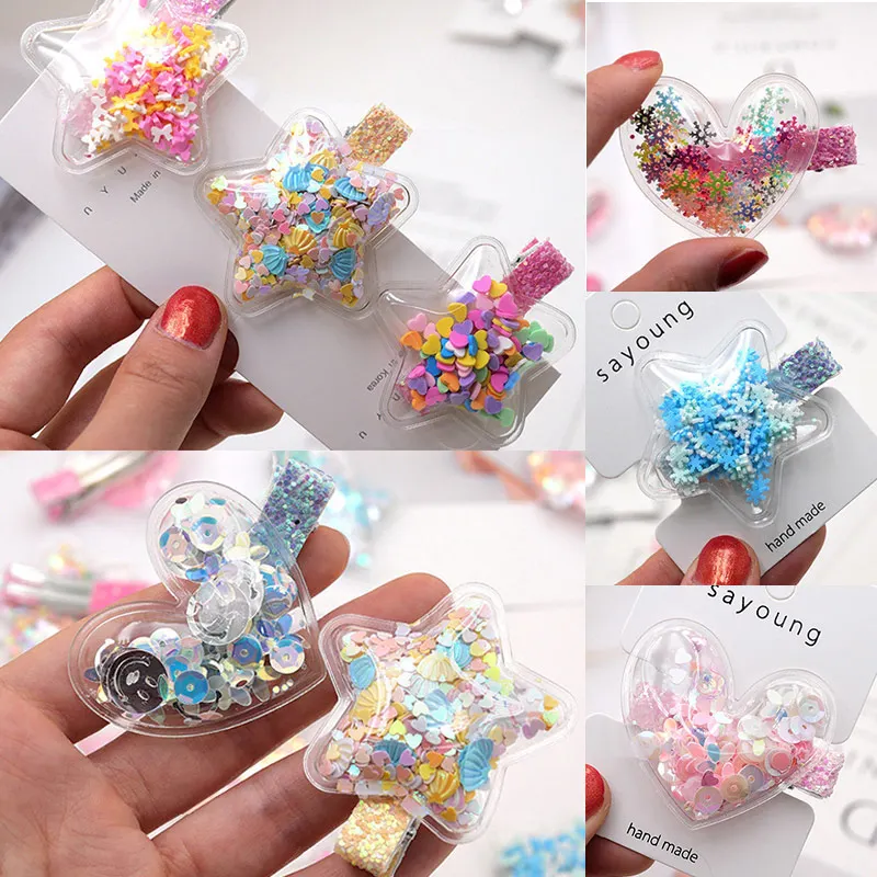 

Fashion 1PC Snow Hair Clips Heart Star Paillette Hairgrips Children Crown Candy Color Pearl Girls Princess Hair Accessories
