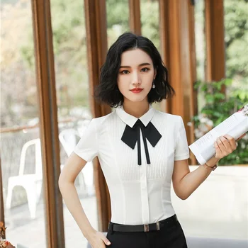 

New Styles 2018 Summer Short Sleeve Blouses & Shirts With Tie Female Tops Clothes Office Ladies Work Wear Plus Size