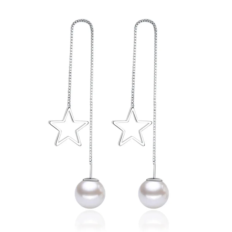 

100% 925 sterling silver NEW arrival little star imitation pearl ladies`long stud earrings women jewelry drop shipping cheap