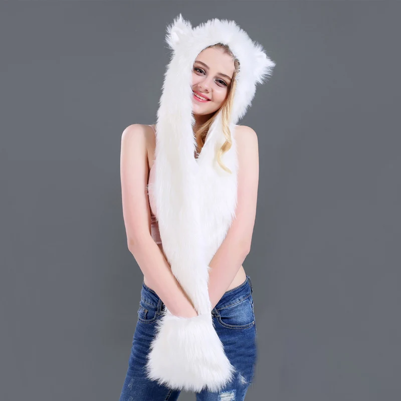 Новые пушистые женские Зимние Животные волк шапочка с кошачими ушами шапочки с рукавицами перчатки плюшевая шапочка животные Мультяшные