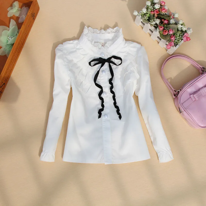 Осень 2017 искусственная хлопковая кружевная белая блузка с оборками и бантом для