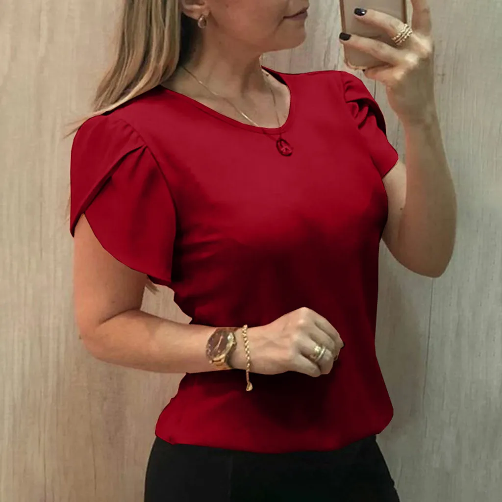 

Women's Summer Short Sleeve Shirt Solid O-neck Casual Blouse Tops womens tops and blouses ladies top блузка женская 2019