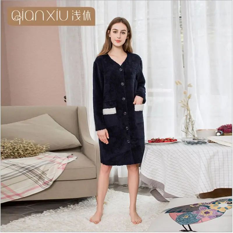 Navy Blue Осенне-зимние халаты, женские пижамы, женские плотные фланелевые халаты, Дамский халат с длинным рукавом и круглым вырезом, повседневный халат для девочек - Цвет: Navy Blue