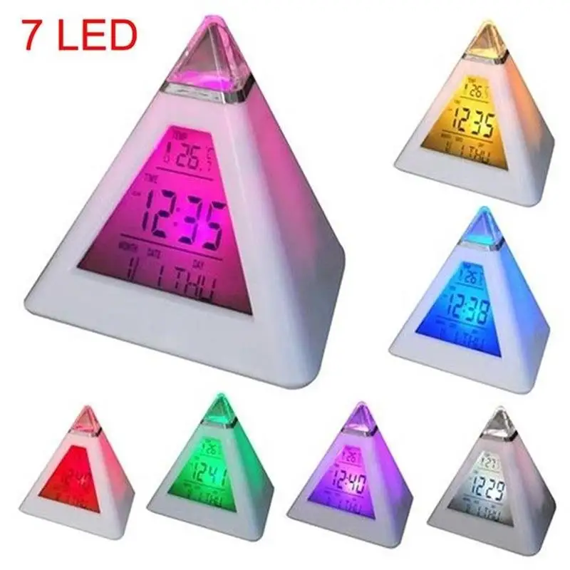 

New 7 LED Color Changing Pyramid Digital LCD Alarm Clock Thermometer Temperature Date Display Electronic Table Desktop Clocks