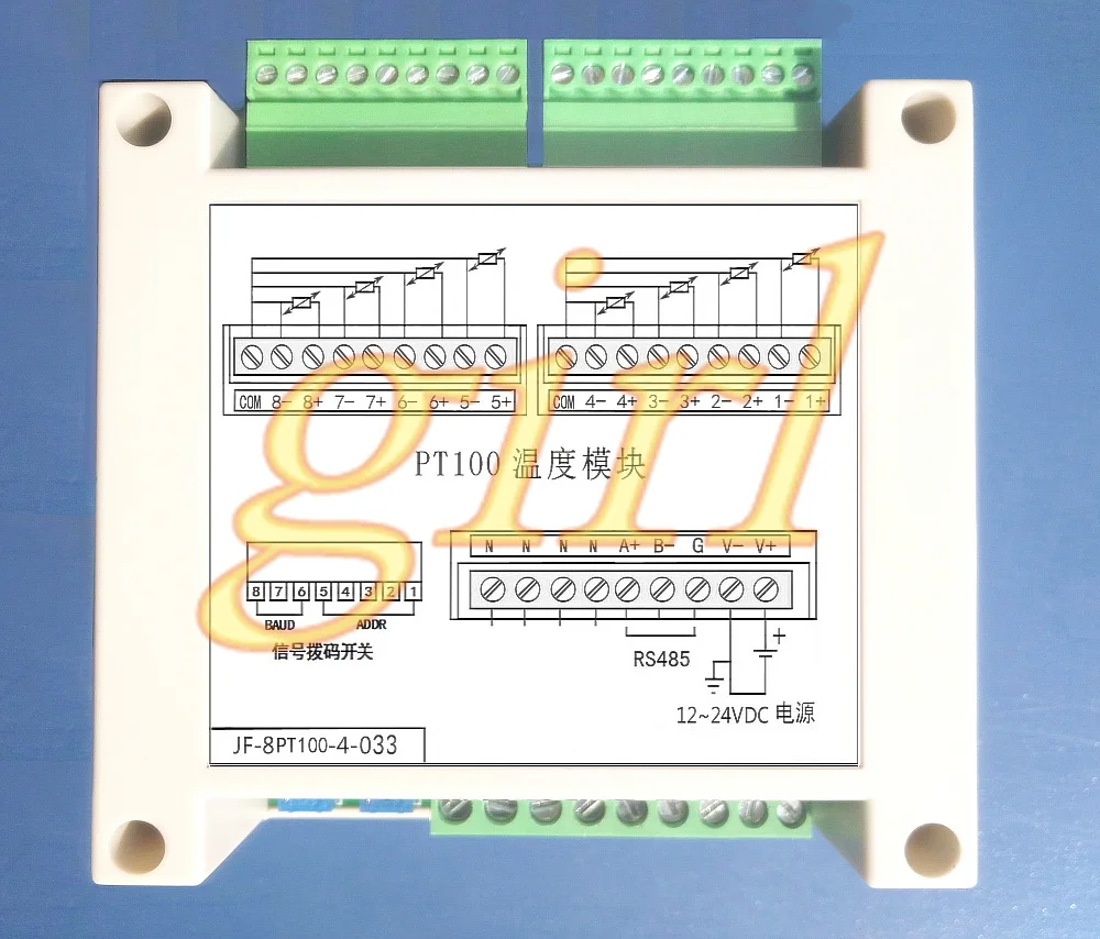 

8 way Pt100 temperature acquisition module, three wire system, supporting Modbus-RTU Kingview JF-8PT100.