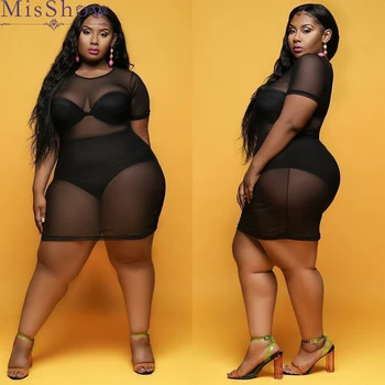 

Summer new sexy club perspective slim sexy dress black sheath short sleeves solid mesh large size women dresses party dress
