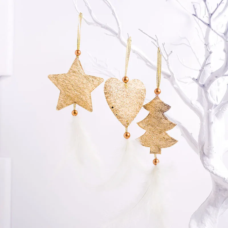 3 шт./лот, серебряная и Золотая Рождественская елка и звезда и сердце, перьевая ткань, подвесные украшения для дома, Рождественская вечеринка, украшения для рождественской елки - Цвет: Gold
