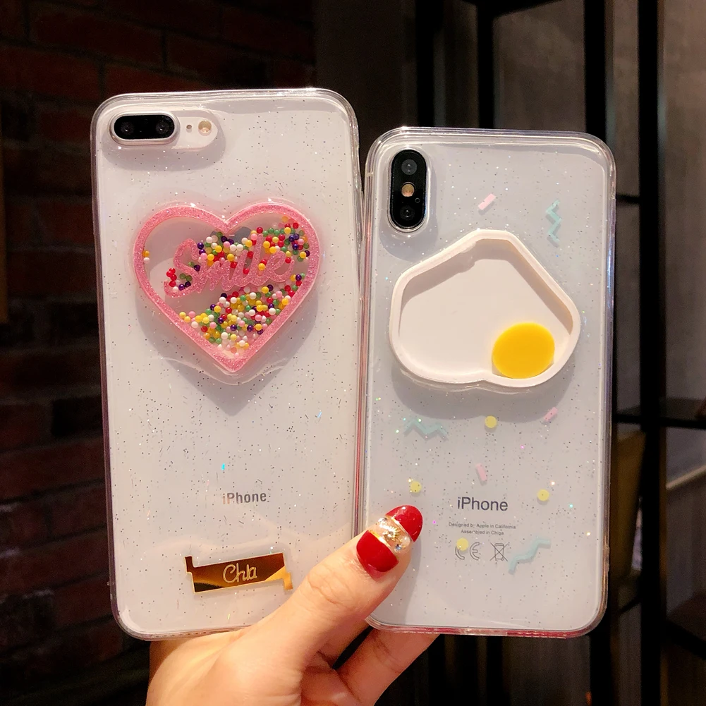

Liquid Glitter Powder Moving poached egg&Heart-shaped Clouds Phone Cases For iPhone6 7 8Plus X Sticker planet Soft TPU