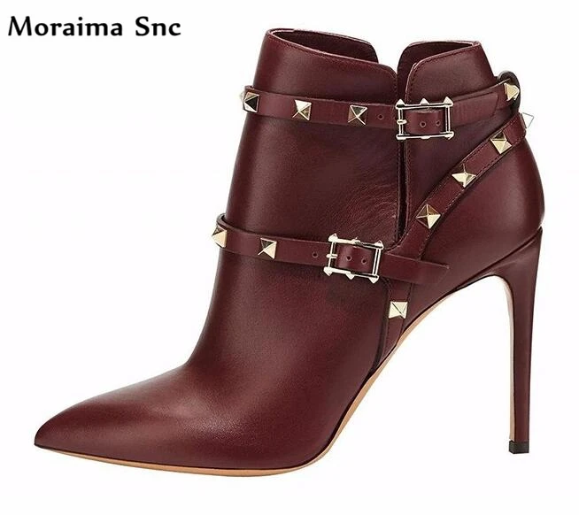 Moraima Snc high quality sexy women Ankle boots pointed toe Ankle strap Rivets studded high heels casual shoes Women's Shoes
