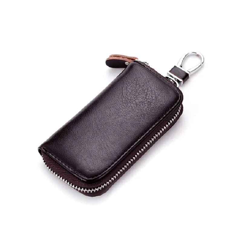 

Genuine Leather Rectangle Key Housekeeper Wallet Golden Metal Hook Small Card Key Bag